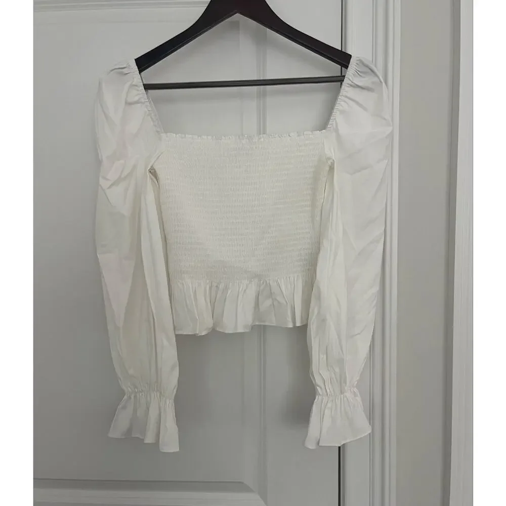 Reformation Darby Top Sz. S White Peplum Puff Sleeves Ruffle Smocked Cotton New